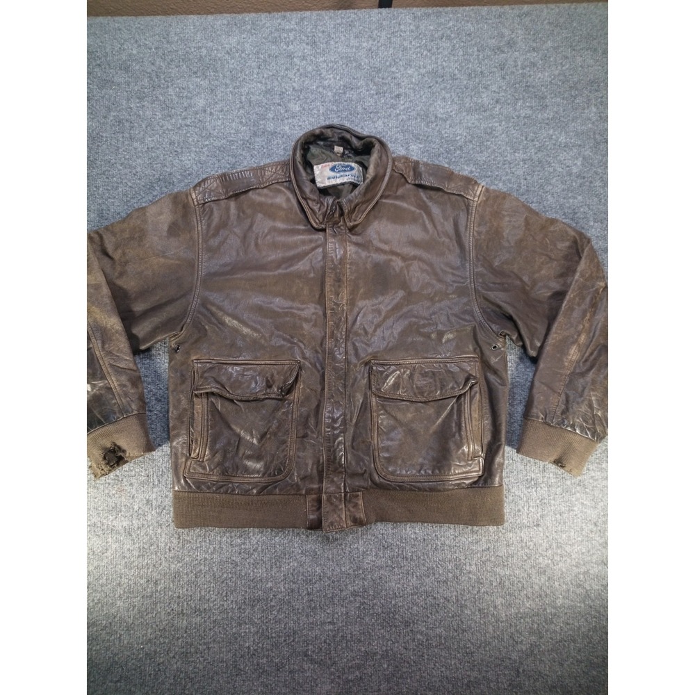 Vintage Ford Motorsport Leather Bomber Jacket Men M Brown Racing Distressed